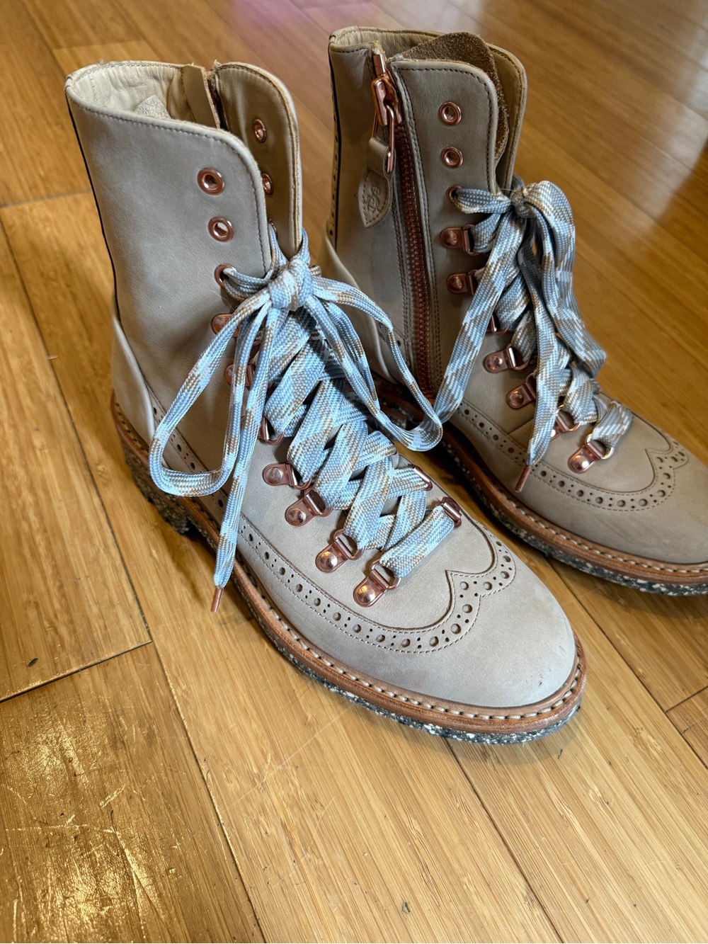 Taupe Lace-Up Brogue Combat Boots with Rose Gold Hardware - Picture 2 of 4